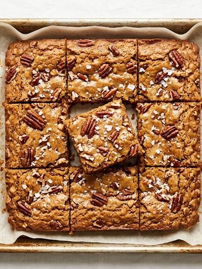Sheet Pan Salted Maple Chickpea Blondies with Toasted Pecans