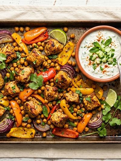 Sheet Pan Tandoori Turkey Bites with Cucumber Raita