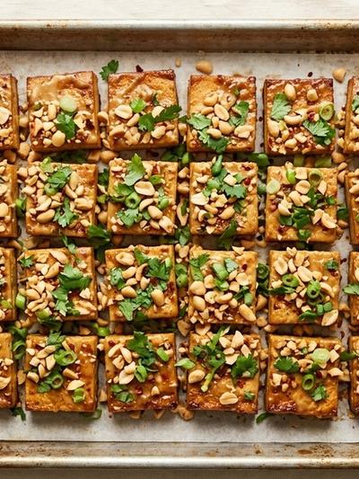 Sheet Pan Thai Coconut-Lime Tofu Squares with Crushed Peanuts