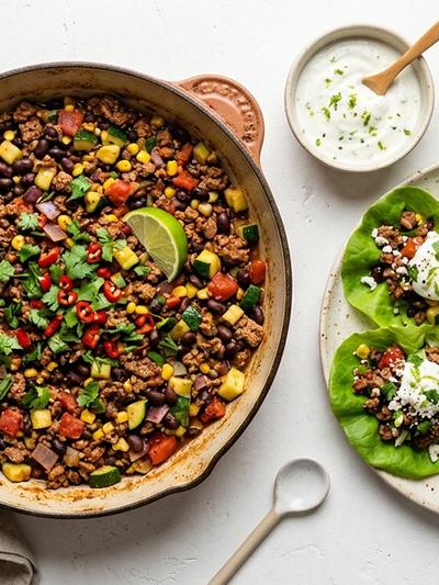 Skillet Mexican Beef Picadillo Lettuce Cups with Lime Yogurt