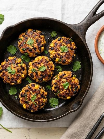 Skillet Mexican Chicken and Black Bean Mini Patties with Lime Yogurt