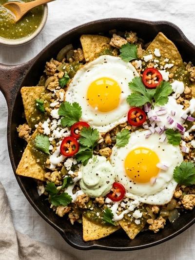 Skillet Mexican Chicken Chilaquiles Verdes with Soft Eggs