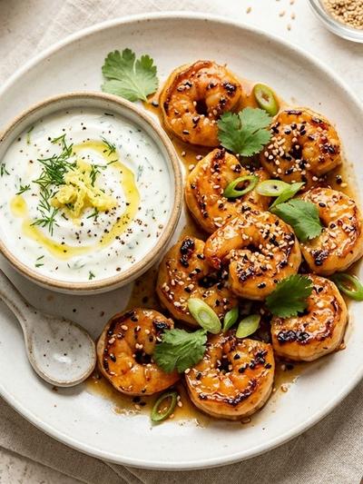 Skillet Miso-Sesame Shrimp Bites with Ginger Yogurt Dip