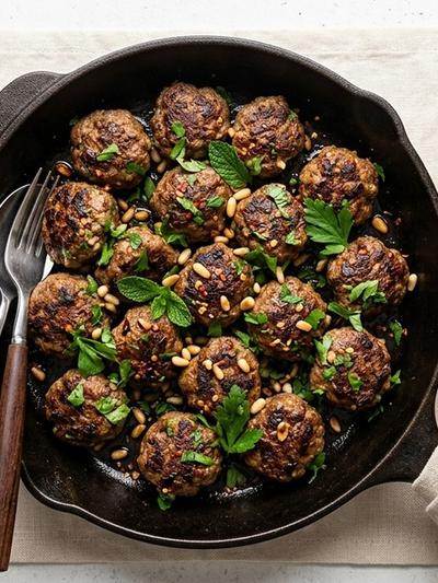 Skillet Moroccan Beef and Mint Kefta with Preserved Lemon Yogurt