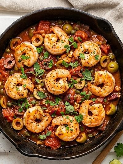 Skillet Veracruz Shrimp Bites with Olive-Caper Yogurt Dip