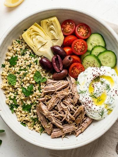 Slow Cooker Mediterranean Pork and Herb Bulgur Bowls with Lemon Yogurt