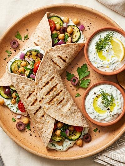 Stir-Fried Greek Zucchini and Chickpea Yogurt Wraps