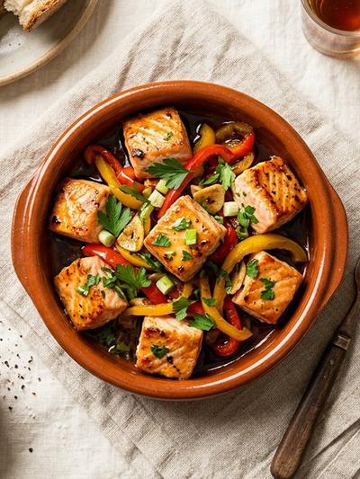 Stir-Fried Spanish Salmon Tapa with Peppers and Sherry Vinegar