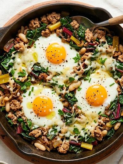 Swiss Turkey and Chard Breakfast Skillet with Gruyère and Soft Eggs