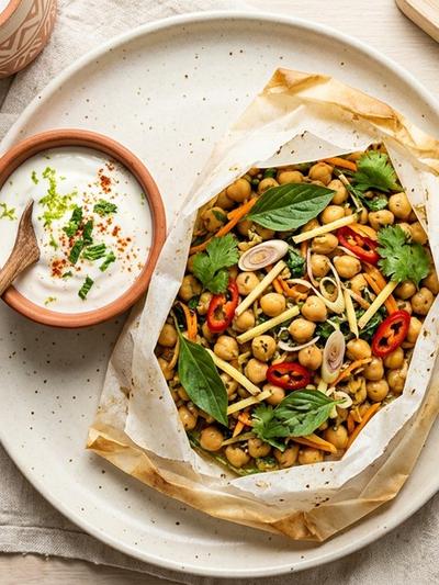 Thai Parchment-Steamed Chickpea Packets with Lime Yogurt